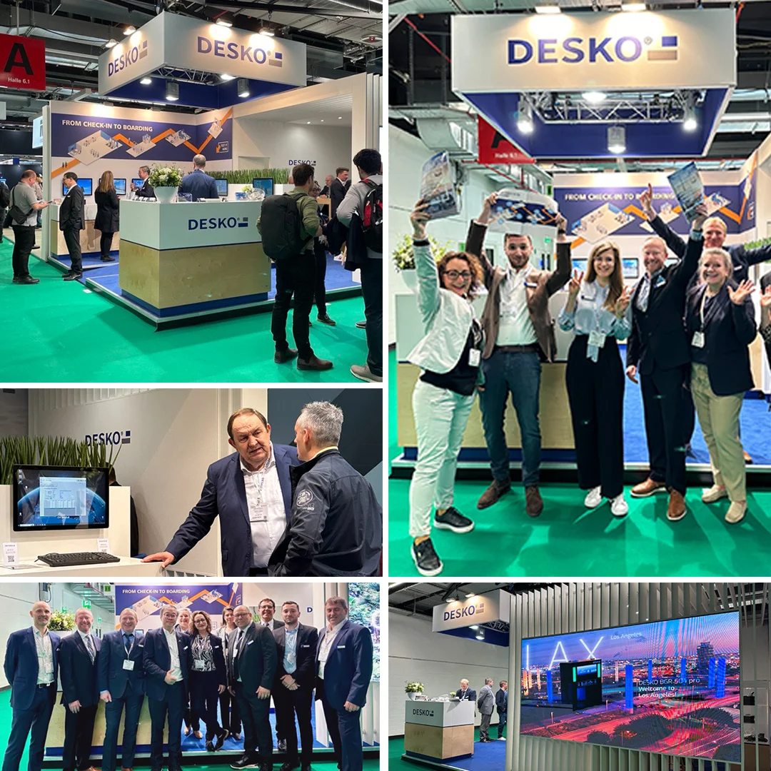 Collage of the DESKO trade fair stand with team, customer talks, product demos and large LED screen under the claim "From Check-in to Boarding".