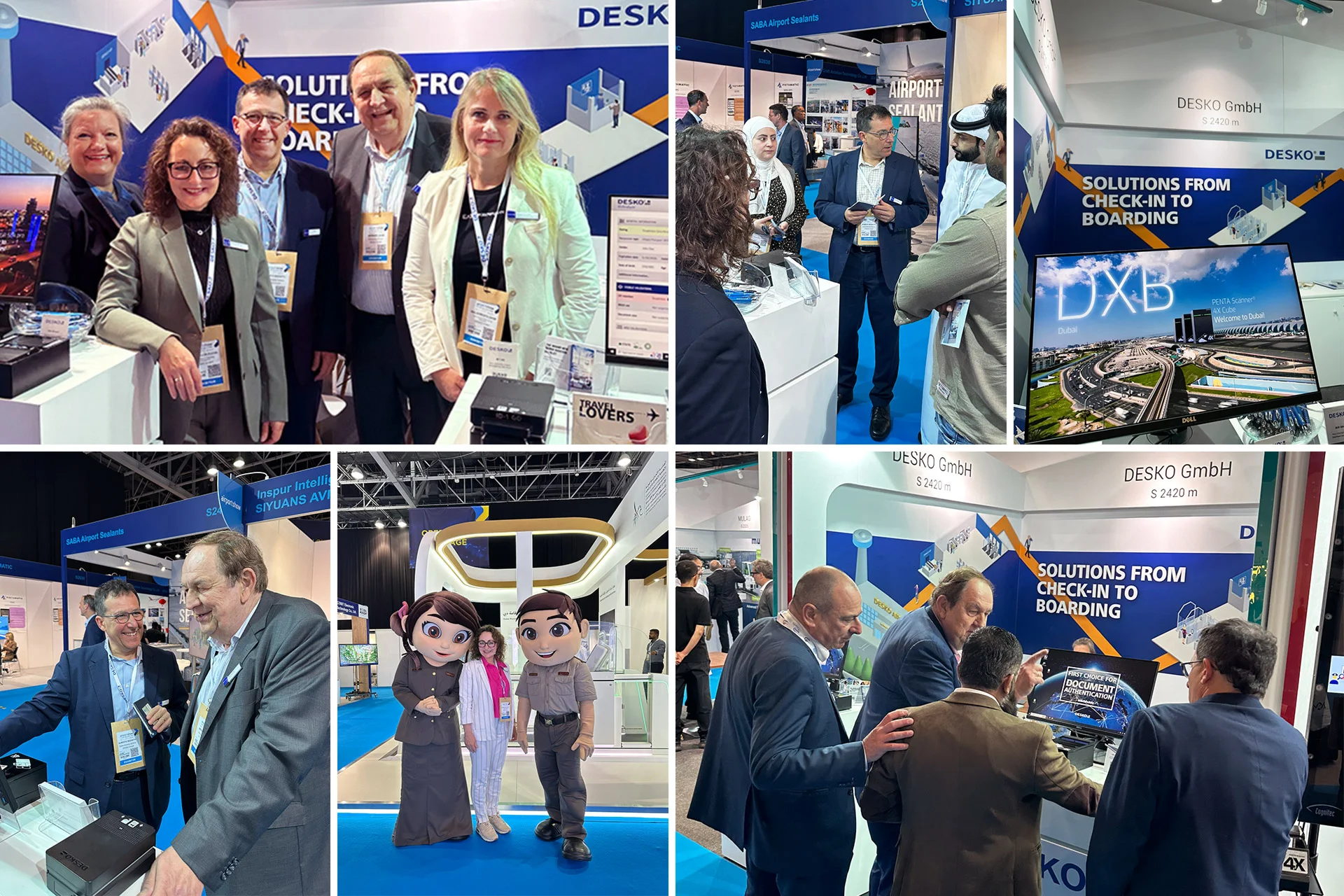 Photo collage of the DESKO trade fair stand with team photos, technical discussions, live demos and international visitors in the field of ID and boarding solutions.