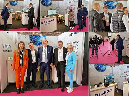 Collage du stand DESKO : discussions techniques avec les visiteurs, photo de groupe de l'équipe et présentation de solutions de vérification d'identité.