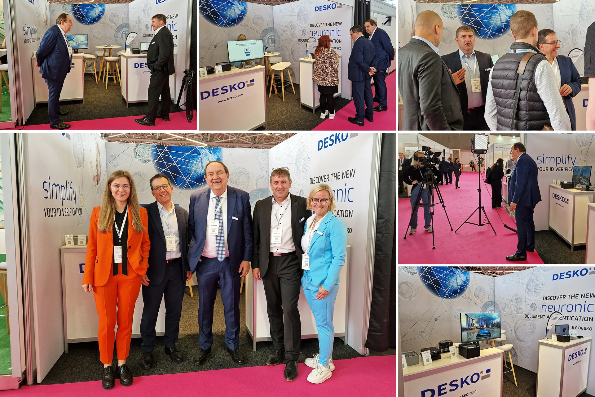 Collage du stand DESKO : discussions techniques avec les visiteurs, photo de groupe de l'&eacute;quipe et pr&eacute;sentation de solutions de v&eacute;rification d'identit&eacute;.