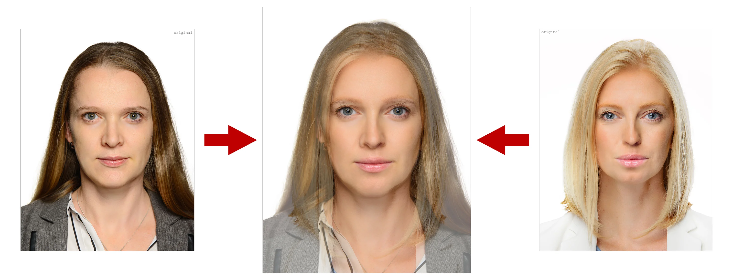 Visualizaci&oacute;n de una comparaci&oacute;n biom&eacute;trica de caras en la que se fusionan dos fotos de retrato para formar una cara de referencia.
