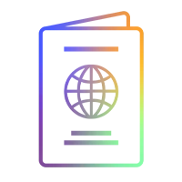 Icono en color de un pasaporte con el s&iacute;mbolo del globo terr&aacute;queo y l&iacute;neas de texto.