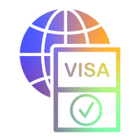 Icono coloreado con globo terr&aacute;queo, letras VISA y una marca que representa un permiso de residencia.