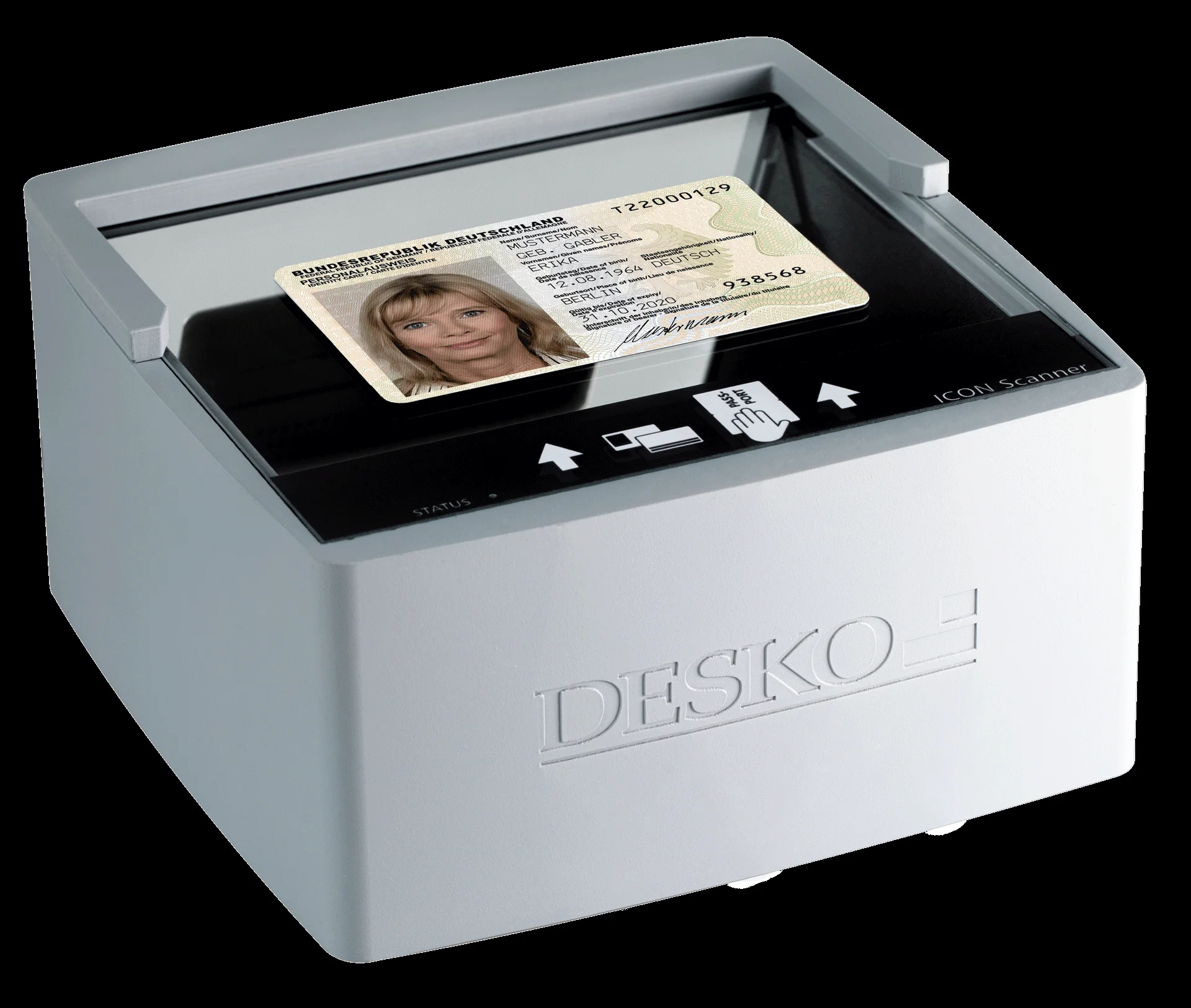 Esc&aacute;ner de documentos de alta calidad con soporte de cristal en el que se coloca un documento de identidad alem&aacute;n para verificar la identidad.