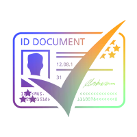 Grafische Darstellung eines Ausweisdokuments mit Personensymbol, Sicherheitsmerkmalen und gro&szlig;em H&auml;kchen zur Verifikation.