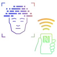 Stilisiertes Icon eines Gesichts mit Smartphone und NFC-Symbol, das kontaktlose Identifikation darstellt.