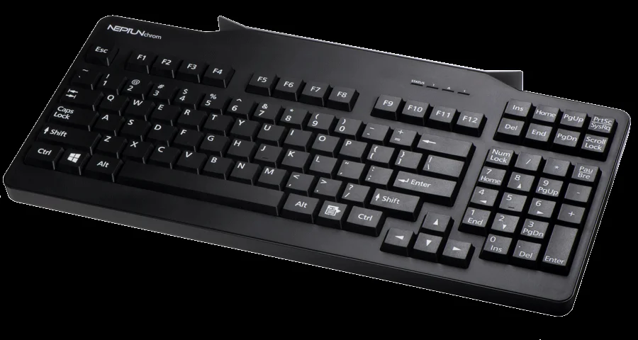 Clavier d'ordinateur noir avec clavier complet, pav&eacute; num&eacute;rique et touches de fonction.