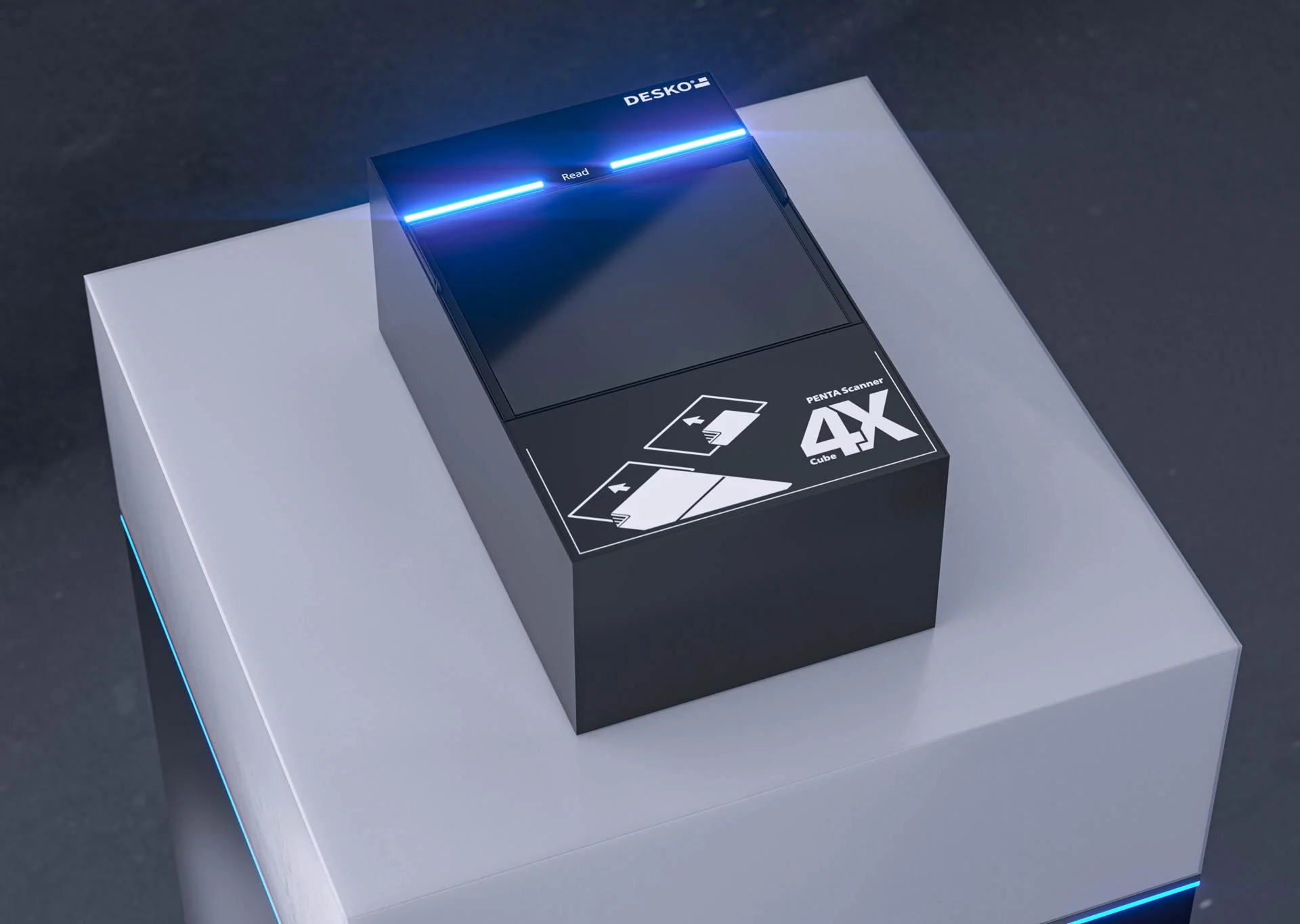 Scanner de documents plac&eacute; en biais sur un socle, avec une barre de LED bleues et des graphiques d'ic&ocirc;nes pour l'orientation.