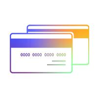 Two overlapping cards with a coloured gradient, the front card features a stylised credit card number.