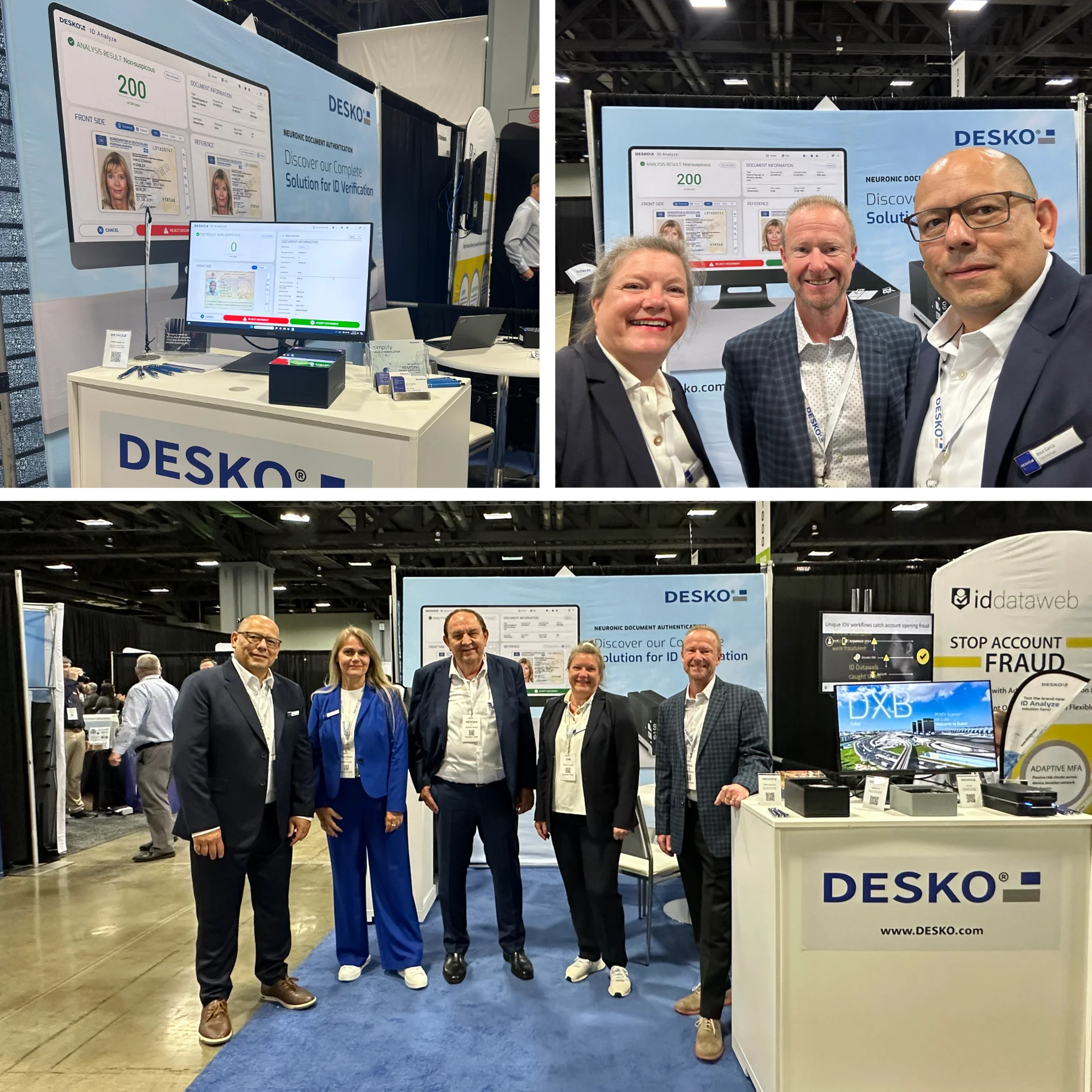 Collage from the DESKO trade fair stand: ID verification software on monitors and several employees in conversation and group photo.