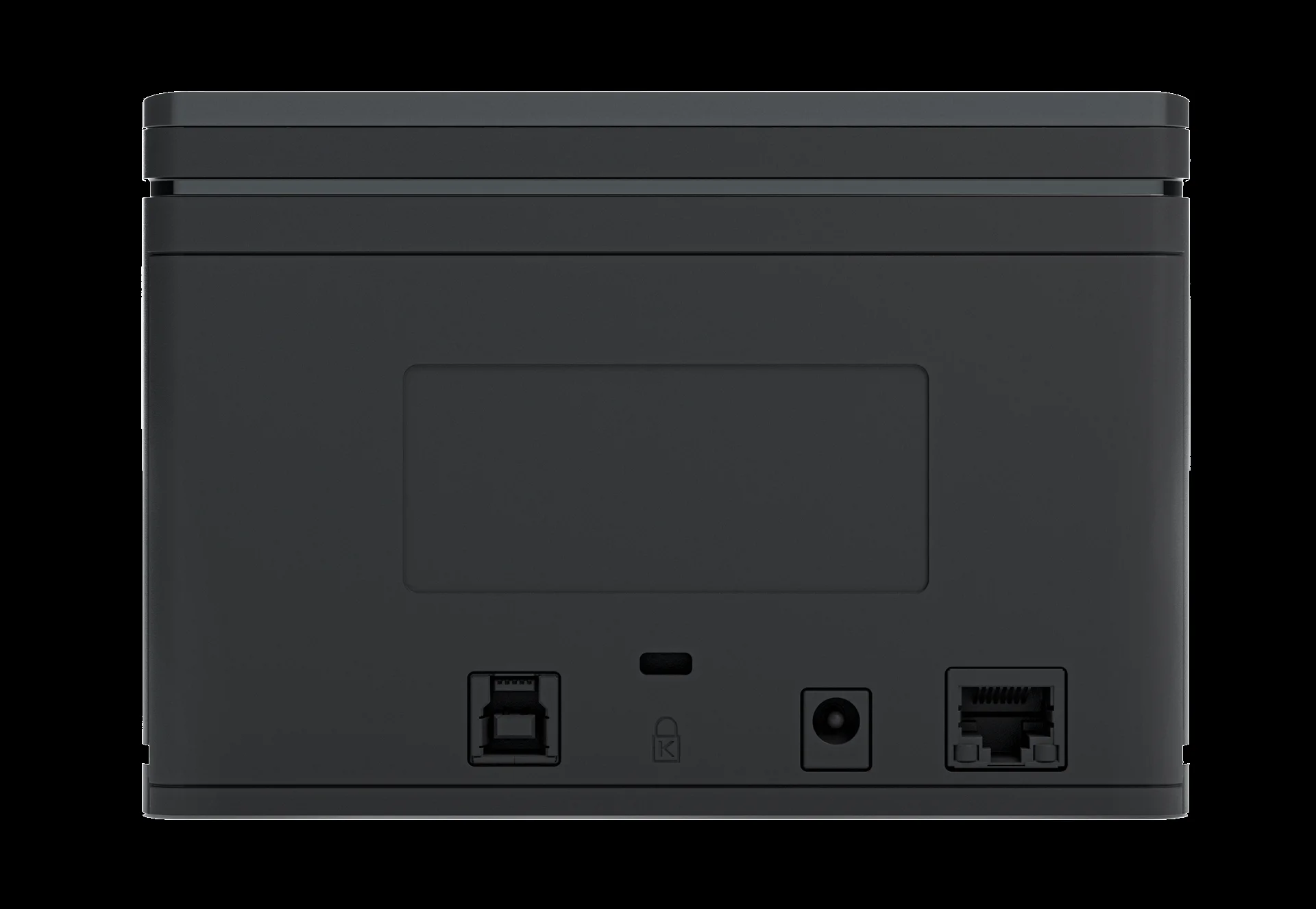 R&uuml;ckansicht eines DESKO PENTA Scanners 4X mit glatter Oberfl&auml;che, Anschlussports, Netzbuchse und Schloss-Symbol.