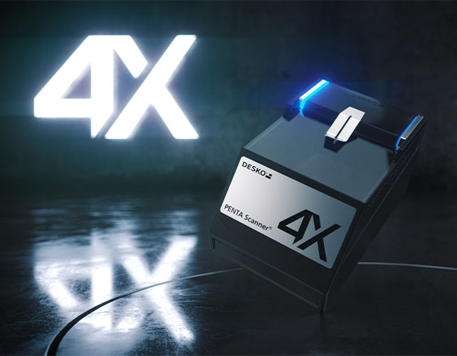 Black DESKO PENTA Scanner 4X with blue LED lights stands at an angle on a dark, reflective surface.