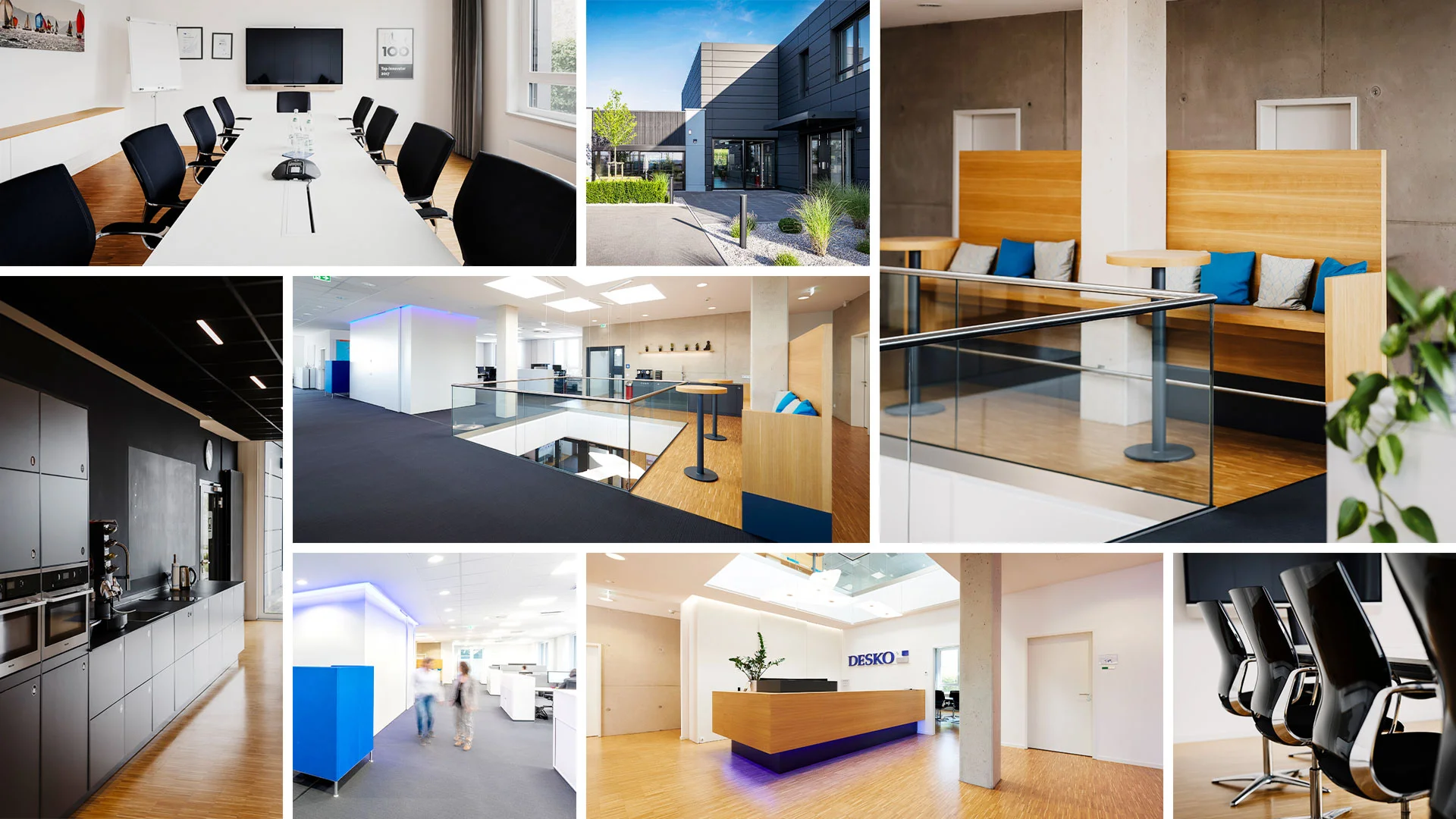 Bildcollage moderner B&uuml;ro- und Arbeitsbereiche mit Besprechungsr&auml;umen, Empfang, K&uuml;che und Au&szlig;enansicht.