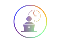 Icon zeigt eine Person am Arbeitsplatz mit Uhr im Hintergrund.