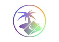Rundes Icon mit Farbverlauf, zeigt Palme und Koffer.
