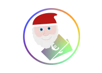 Rundes Icon mit Farbverlauf, zeigt Weihnachtsmann und Geschenk.