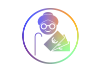Rundes Icon mit Farbverlauf zeigt eine &auml;ltere Person mit Brille und Geldscheinen.