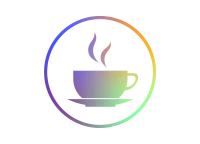 Abstraktes Icon mit Farbverlauf zeigt eine dampfende Kaffeetasse im Kreis.