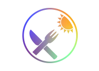 Rundes Icon mit Farbverlauf zeigt gekreuztes Besteck und eine Sonne.