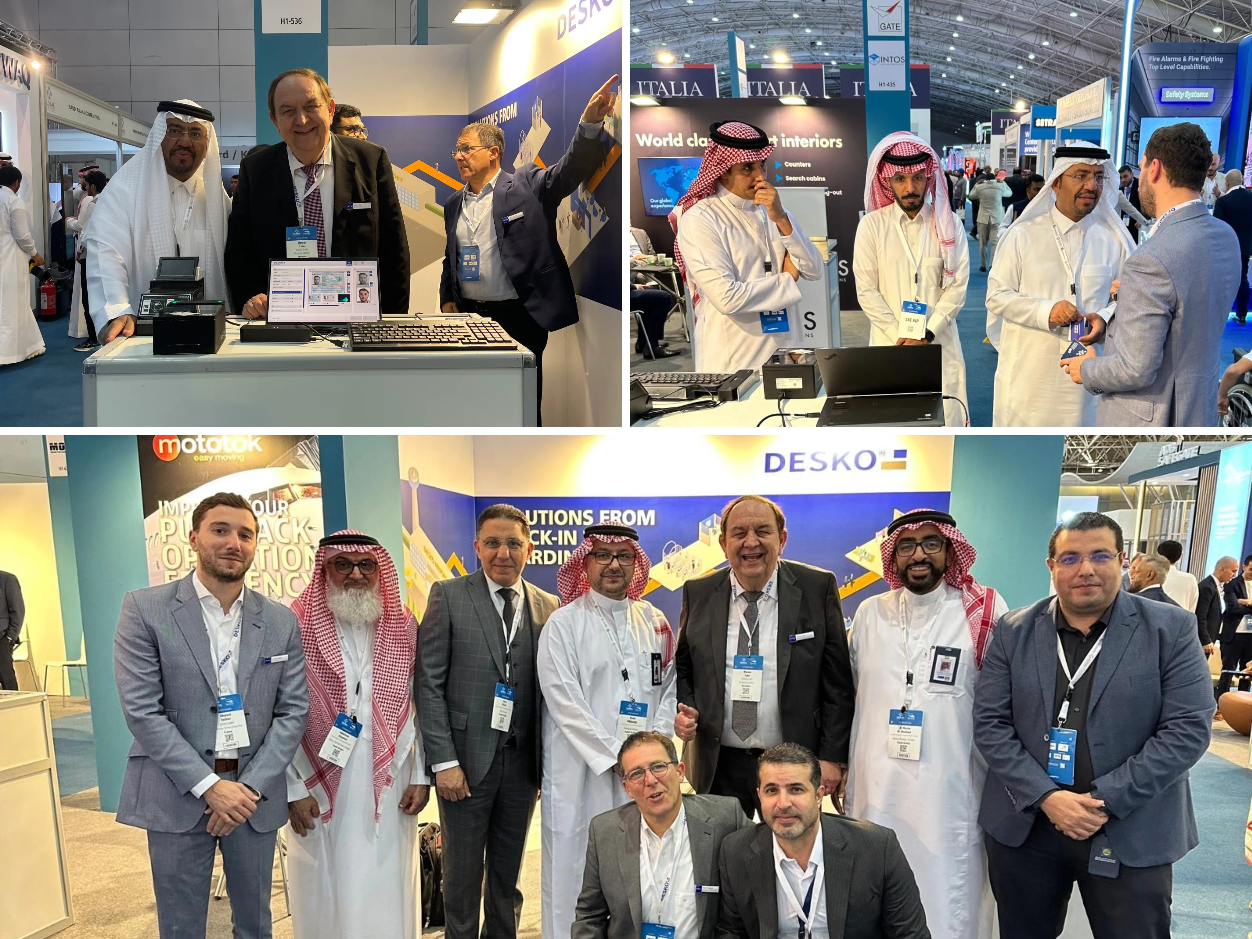 Varias fotos de la feria muestran a visitantes internacionales y empleados de DESKO interactuando en un stand de la feria con sistemas de verificaci&oacute;n de identidad.