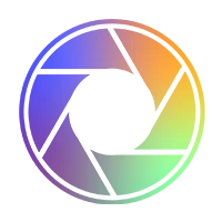 Stilisiertes Kamera-Blenden-Symbol mit segmentierten Fl&auml;chen in einem kreisf&ouml;rmigen Farbverlauf.