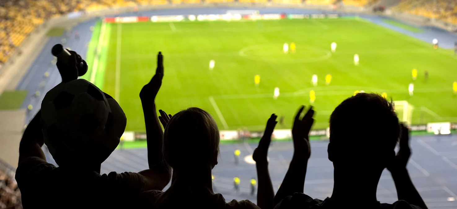 Silhouetten von jubelnden Zuschauern mit erhobenen Armen blicken von den R&auml;ngen auf ein Fu&szlig;ballspiel im beleuchteten Stadion.