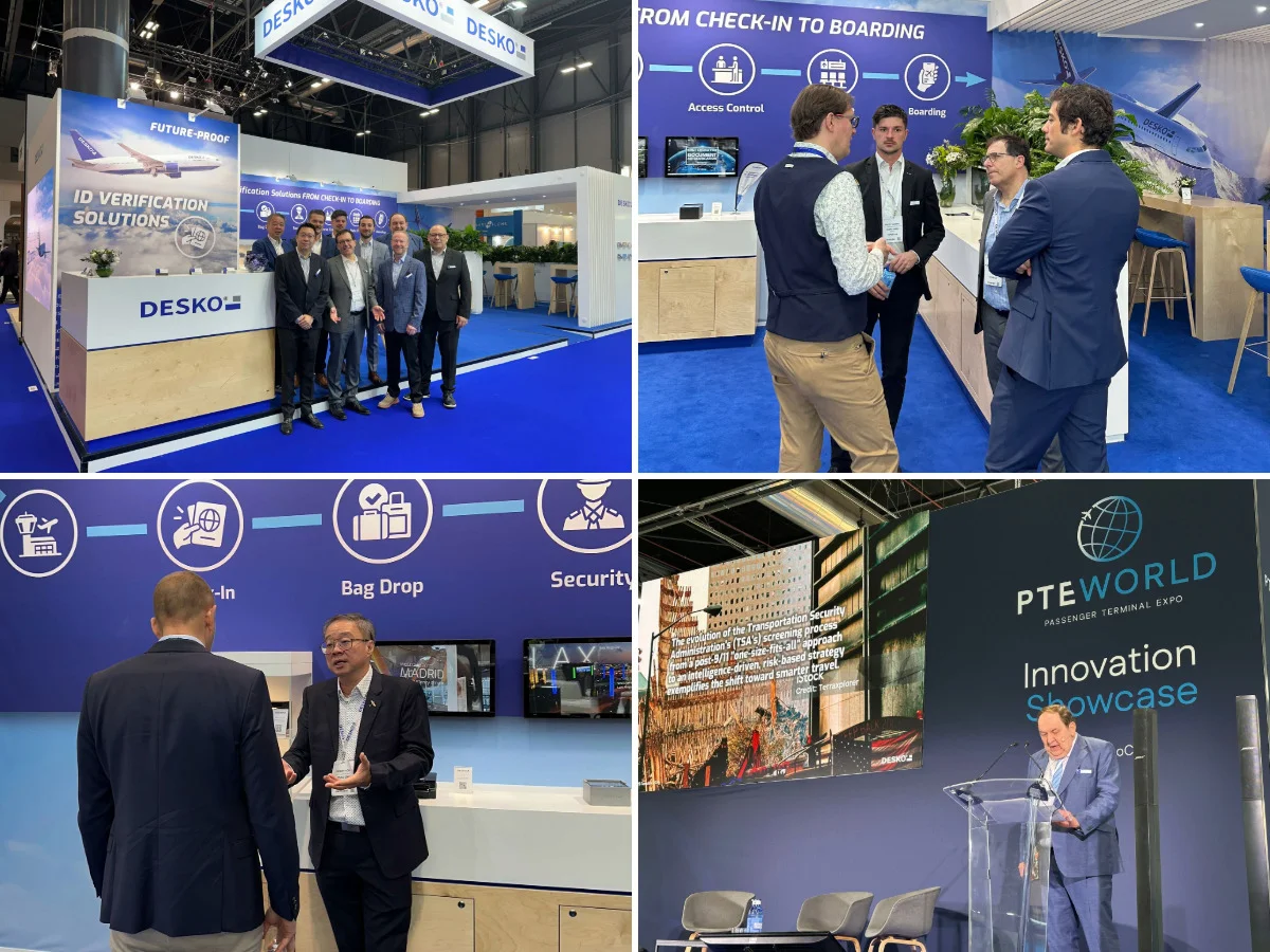 Collage vom DESKO-Messestand: Teamfoto, Fachgespr&auml;che mit Besuchern, Produktberatung und Vortrag auf der B&uuml;hne.