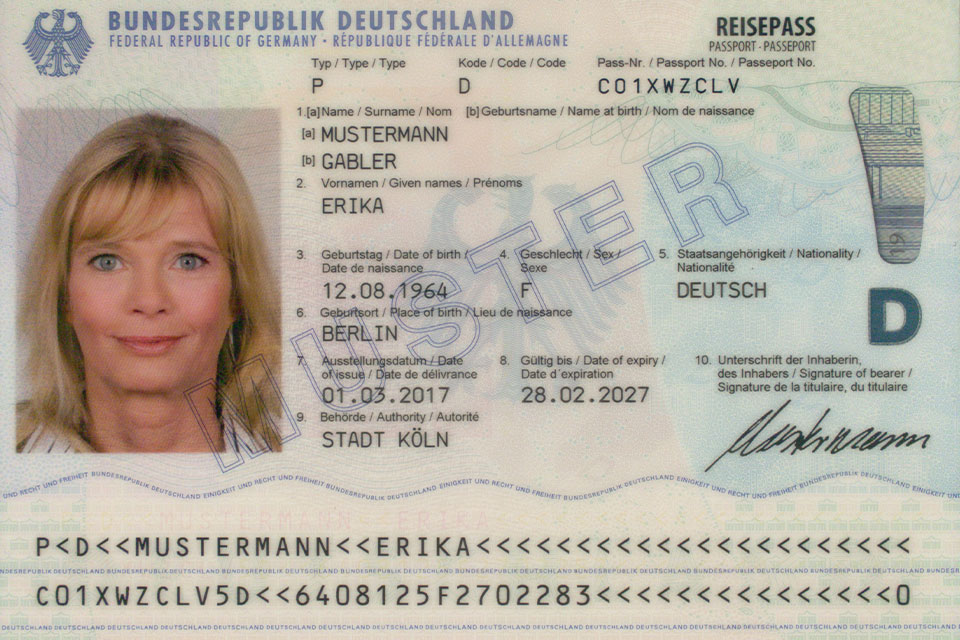 Modèle de passeport allemand avec zone de lecture visuelle (VIZ) et zone de lecture automatique (MRZ)