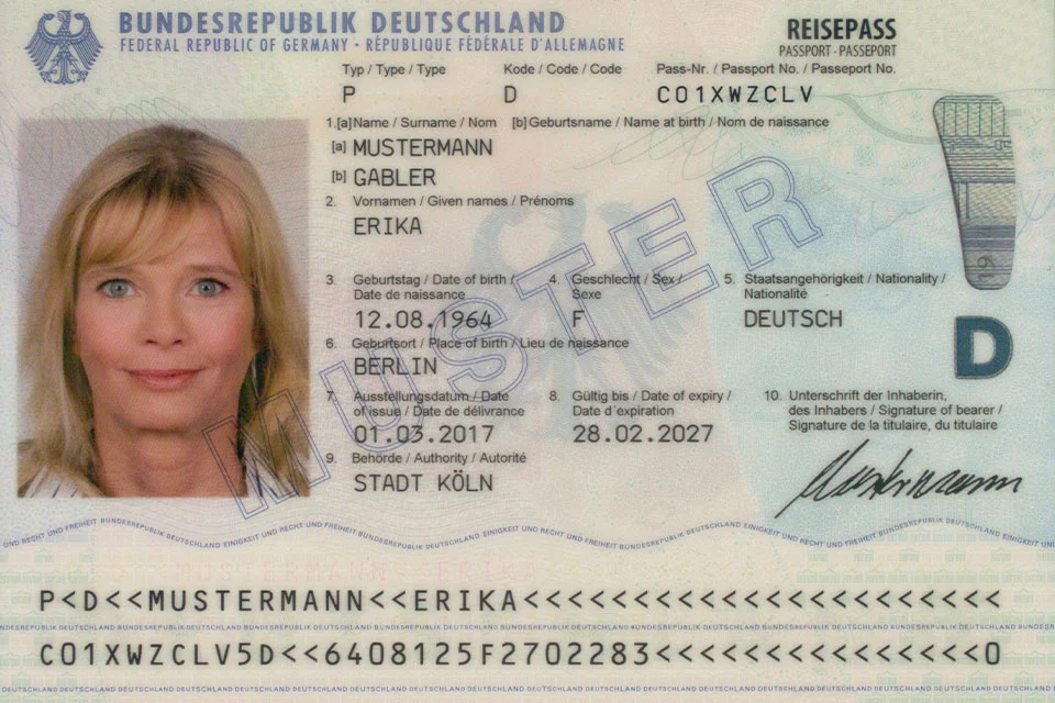 Sample passport for Germany with visual reading zone (VIZ) and machine readable zone (MRZ)