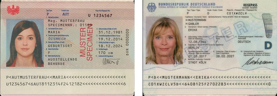Sample passports Austria and Germany