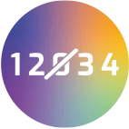 Kreisf&ouml;rmiger Farbverlauf in Regenbogenfarben mit ausgeschnittener, durchgestrichener Ziffernfolge &bdquo;1 2 0 3 4&ldquo; mittig platziert.