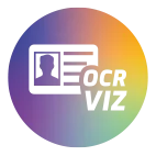 Kreisf&ouml;rmiger Regenbogen-Farbverlauf mit ausgeschnittenem Ausweis-Symbol und Schriftzug &bdquo;OCR VIZ&ldquo; rechts daneben.