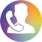 Kreisf&ouml;rmiger Regenbogen-Farbverlauf mit ausgeschnittener Personen-Silhouette, die ein Telefonh&ouml;rer-Symbol am Ohr h&auml;lt.