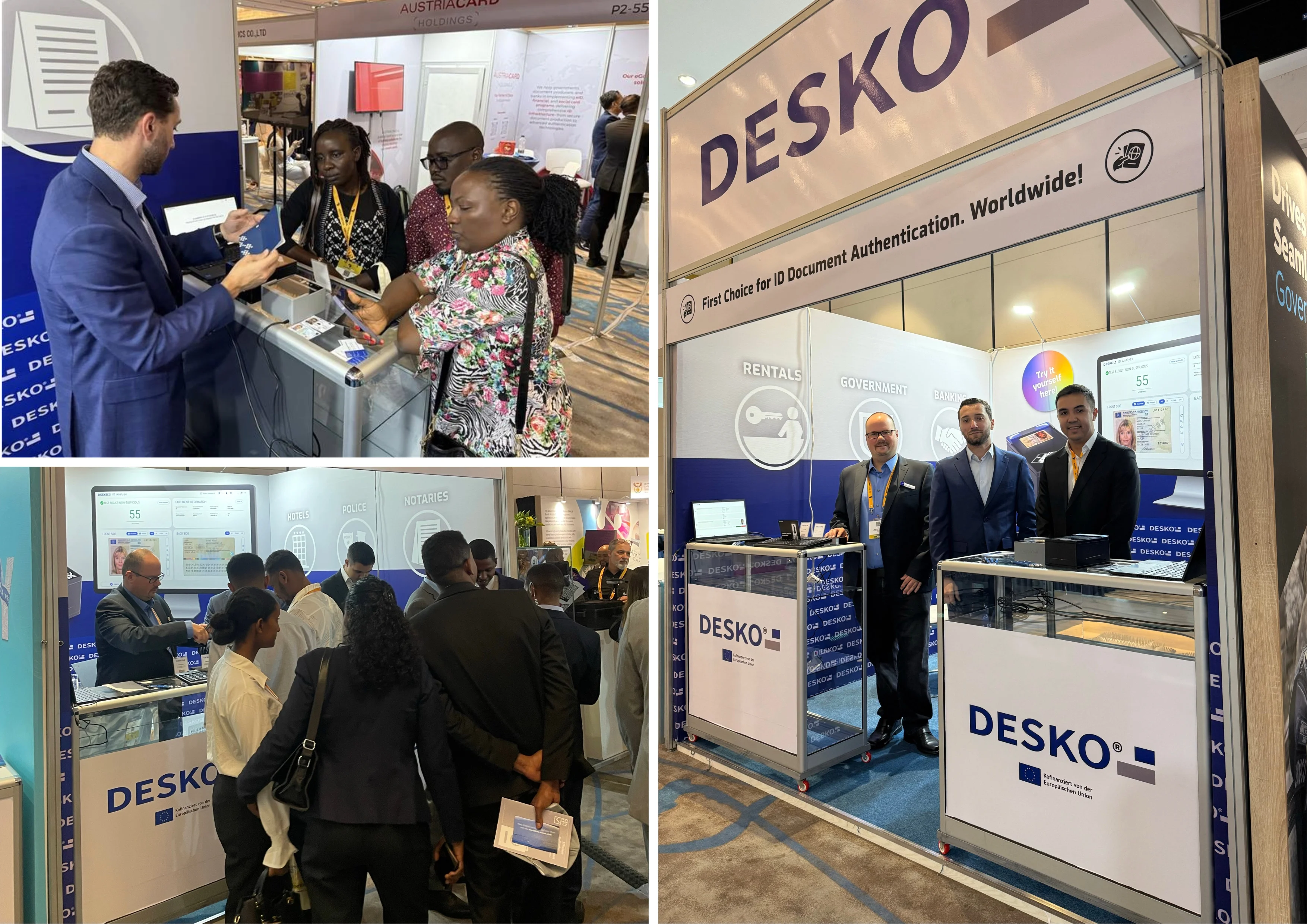 Stand d'exposition de DESKO avec des visiteurs internationaux, des d&eacute;monstrations de produits de v&eacute;rification de documents d'identit&eacute; et des membres de l'&eacute;quipe devant des scanners et des moniteurs.