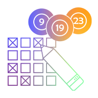 Symbole de loterie stylis&eacute; avec des boules num&eacute;rot&eacute;es, un champ de num&eacute;ros marqu&eacute; et un crayon, repr&eacute;sent&eacute; par un graphique lin&eacute;aire avec un d&eacute;grad&eacute; de couleurs.