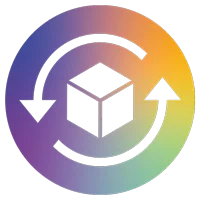 El icono redondo con degradado de color muestra un cubo rodeado por dos flechas.