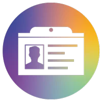 Icono redondo con degradado de color que muestra una tarjeta de identificaci&oacute;n con retrato y l&iacute;neas de texto.