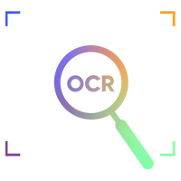 Lupa con gradiente de color y letras "OCR" en el centro, rodeada de cuatro esquinas de enfoque de color sobre fondo oscuro.