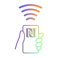 Mano estilizada sosteniendo un smartphone con un s&iacute;mbolo NFC, con ondas de radio de colores encima para indicar la transmisi&oacute;n sin contacto.