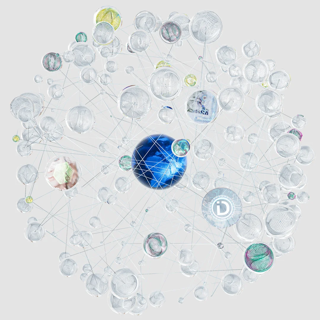 Abstrakte Visualisierung eines digitalen Netzwerks aus vielen verbundenen Kugeln, mit einer blauen Erdkugel im Zentrum und feinen Linienverbindungen.