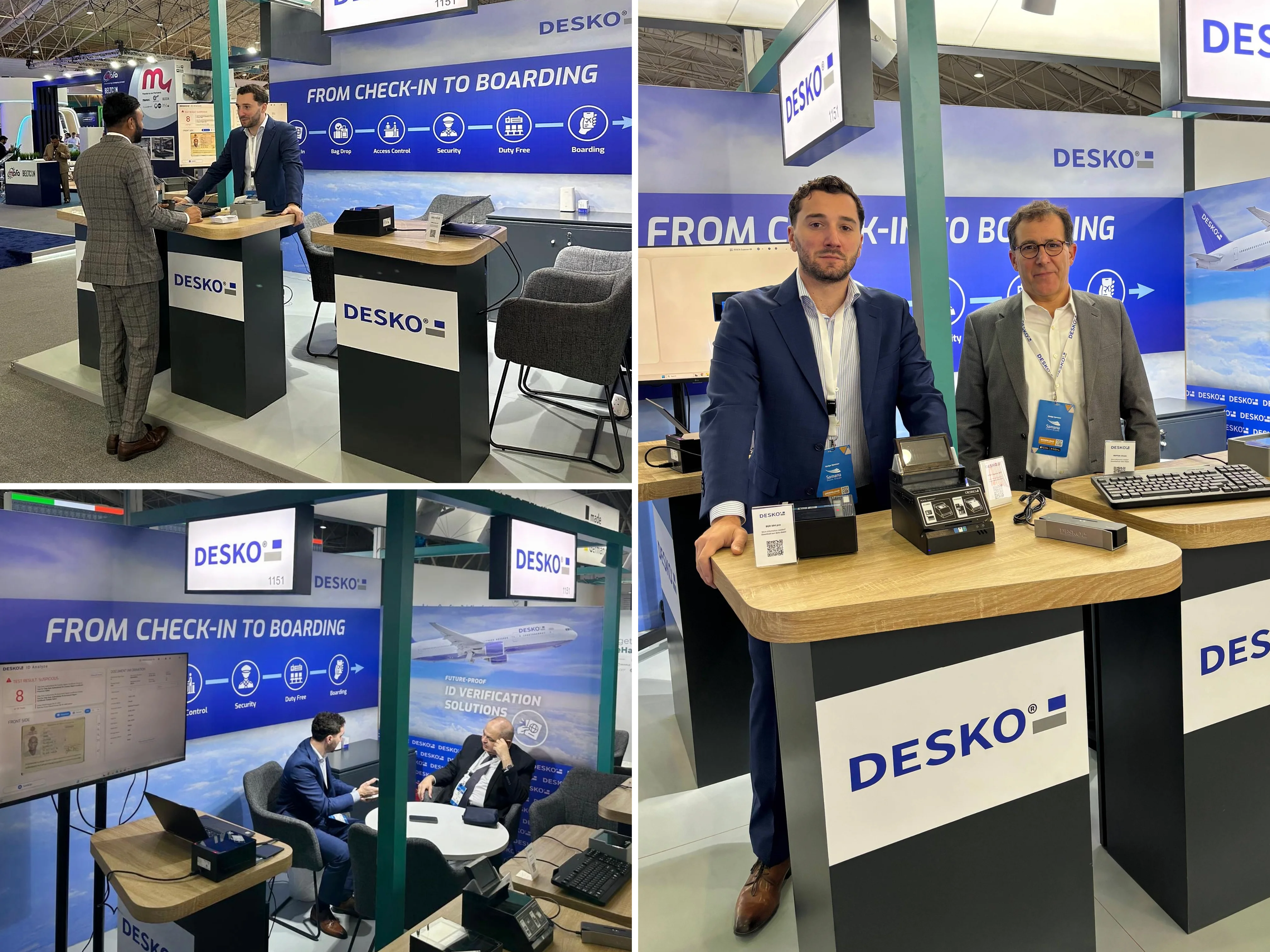 Varias fotos de la feria muestran a visitantes internacionales y empleados de DESKO interactuando en un stand de la feria con sistemas de verificaci&oacute;n de identidad.