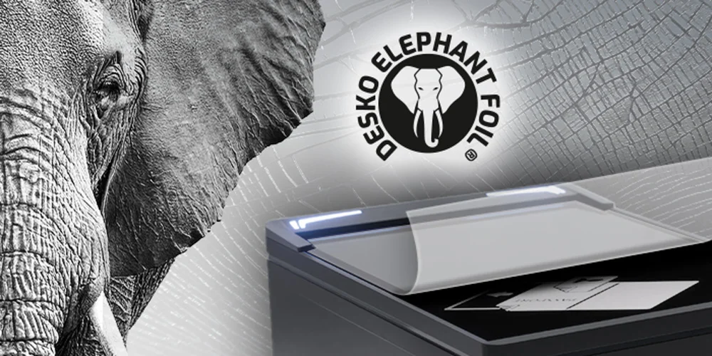 Cabeza de elefante gris junto a un esc&aacute;ner de pasaportes de DESKO. El esc&aacute;ner est&aacute; cubierto con una pel&iacute;cula transparente.