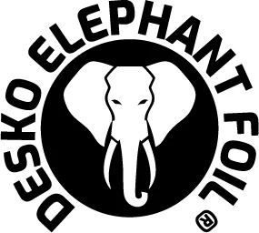 El nombre "DESKO Elephant Foil" aparece en letras negras y gruesas dentro de un c&iacute;rculo. En el centro aparece la cabeza de un elefante.