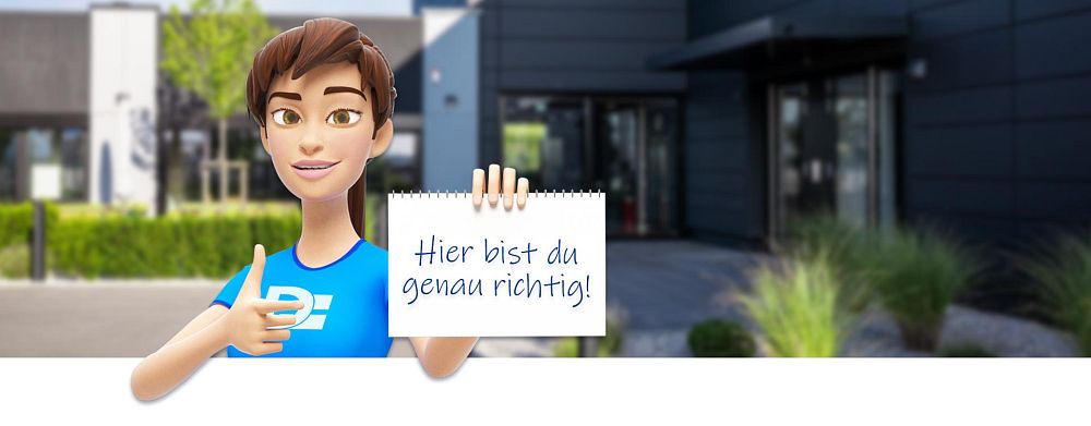 Animierte Figur vor Firmengebäude hält einen Notizblock mit dem Schriftzug „Hier bist du genau richtig!“.