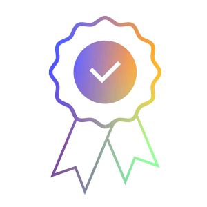 Stylised quality seal with ribbon and hook in the middle, shown as a line graphic with coloured gradient.