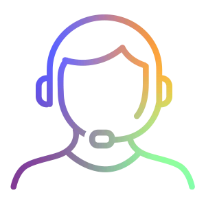 Stylised headset symbol with silhouette of a person, shown as a line graphic with coloured gradient.