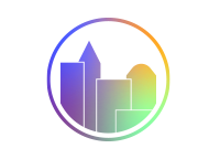 Abstraktes Icon mit Farbverlauf: Kreis umschließt eine stilisierte Stadt- oder Gebäudesilhouette.