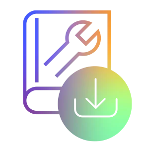 Stylised document with spanner symbol and superimposed download arrow, displayed as a line graphic with coloured gradient.