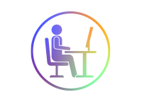 Abstraktes Icon mit Farbverlauf zeigt eine sitzende Person am Schreibtisch mit Monitor.