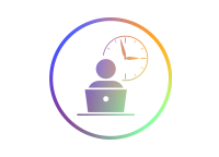 Icon zeigt eine Person am Arbeitsplatz mit Uhr im Hintergrund.